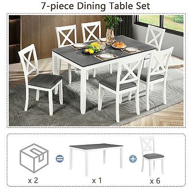 Pnronnc 7-Piece Dining Table Set, Solid Wood Kitchen Dining Set with 6 Upholstered X-Back Chairs