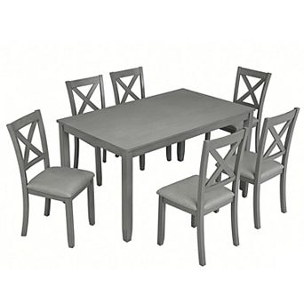Pnronnc 7 pc Dining Table Set, Solid Wood Kitchen Dining Set with 6 Upholstered X-Back Chairs