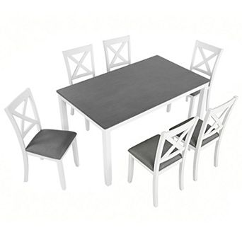Pnronnc 7 pc Dining Table Set, Solid Wood Kitchen Dining Set with 6 Upholstered X-Back Chairs