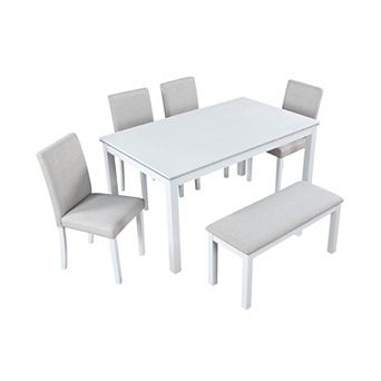 Pnronnc 6 pc Dining Set, Wooden Kitchen Table Set with 4 Upholstered Chairs and Bench