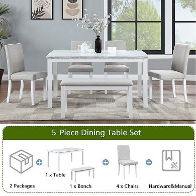 Pnronnc 6-Piece Dining Set, Wooden Kitchen Table Set with 4 Upholstered Chairs and Bench