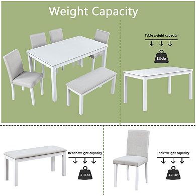 Pnronnc 6-Piece Dining Set, Wooden Kitchen Table Set with 4 Upholstered Chairs and Bench
