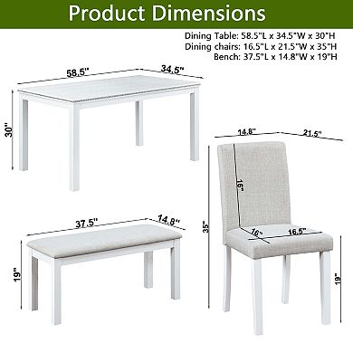 Pnronnc 6-Piece Dining Set, Wooden Kitchen Table Set with 4 Upholstered Chairs and Bench