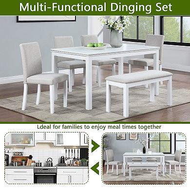 Pnronnc 6-Piece Dining Set, Wooden Kitchen Table Set with 4 Upholstered Chairs and Bench