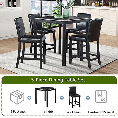 Pnronnc Wooden Kitchen Table Set, 5-Piece Counter Height Dining Set with 4 Upholstered Chairs