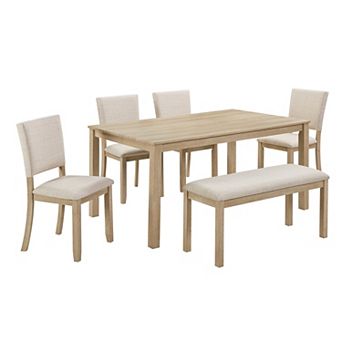 Pnronnc 6 pc Wooden Dining Table Set with Bench and 4 Upholstered Chairs