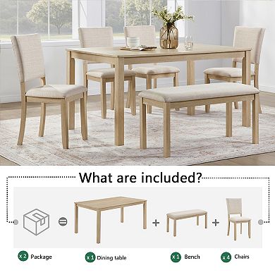 Pnronnc 6-Piece Wooden Dining Table Set with Bench and 4 Upholstered Chairs