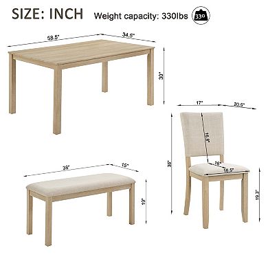 Pnronnc 6-Piece Wooden Dining Table Set with Bench and 4 Upholstered Chairs