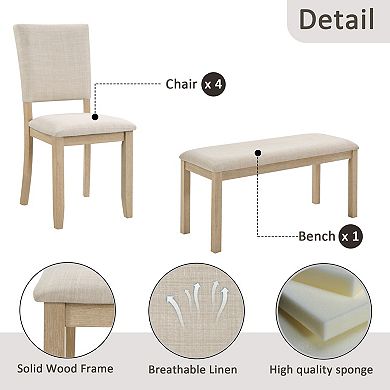 Pnronnc 6-Piece Wooden Dining Table Set with Bench and 4 Upholstered Chairs