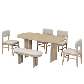 Pnronnc 6 pc Dining Set, Solid Wood Kitchen Table Set with Bench and Upholstered Chairs