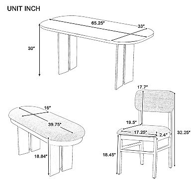 Pnronnc 6-Piece Dining Set, Solid Wood Kitchen Table Set with Bench and Upholstered Chairs