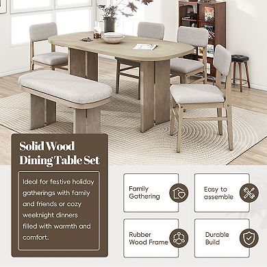 Pnronnc 6-Piece Dining Set, Solid Wood Kitchen Table Set with Bench and Upholstered Chairs