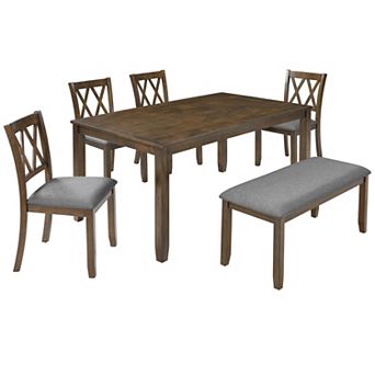 Pnronnc Wooden Dining Set, 6 pc Kitchen Dining Table Set with 4 Chairs and Bench for 6