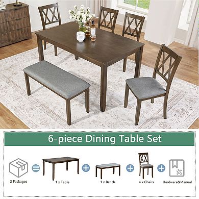 Pnronnc Wooden Dining Set, 6-Piece Kitchen Dining Table Set with 4 Chairs and Bench for 6
