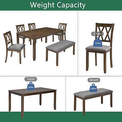 Pnronnc Wooden Dining Set, 6-Piece Kitchen Dining Table Set with 4 Chairs and Bench for 6