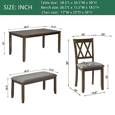 Pnronnc Wooden Dining Set, 6-Piece Kitchen Dining Table Set with 4 Chairs and Bench for 6