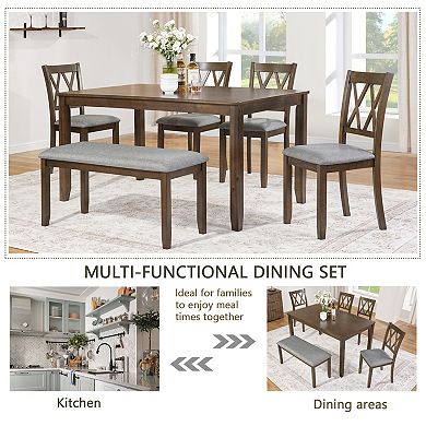 Pnronnc Wooden Dining Set, 6-Piece Kitchen Dining Table Set with 4 Chairs and Bench for 6