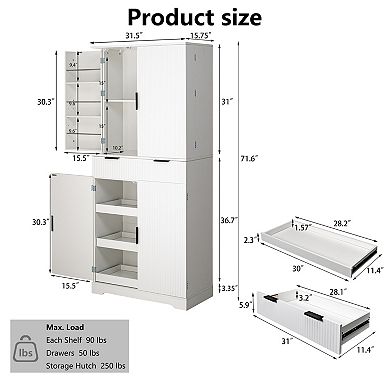 Pnronnc 72" Freestanding Fluted Kitchen Pantry Cabinet with Drawers and 6 Door Shelves
