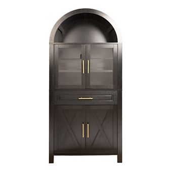 Pnronnc 71" Arched Farmhouse Kitchen Pantry Cabinet with Glass Barn Door and Adjustable Shelves