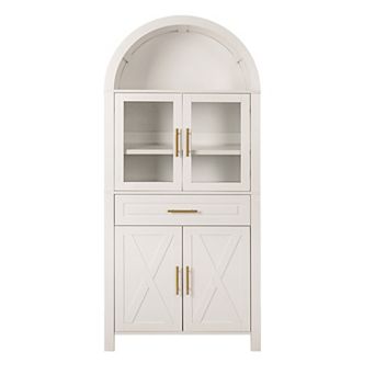Pnronnc 71" Arched Farmhouse Kitchen Pantry Cabinet with Glass Barn Door and Adjustable Shelves