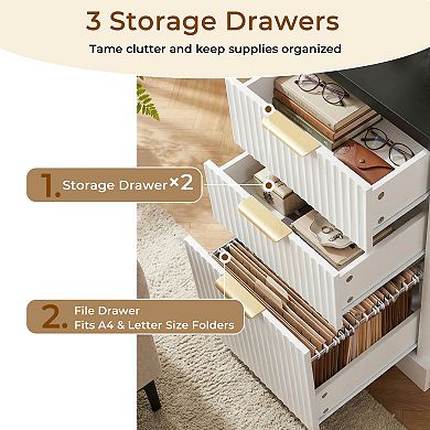 Pnronnc 59" Fluted L-Shaped Wood Office Desk Computer Desk with Storage and Charging Station
