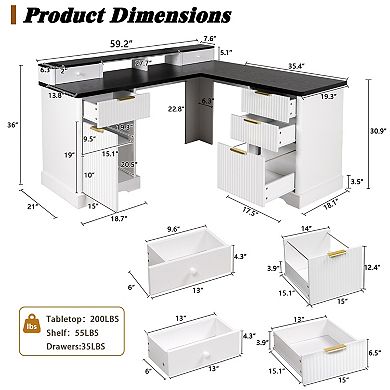 Pnronnc 59" Fluted L-Shaped Wood Office Desk Computer Desk with Storage and Charging Station