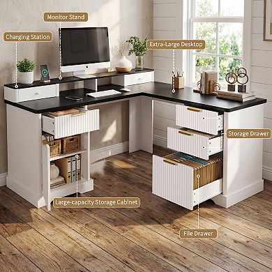 Pnronnc 59" Fluted L-Shaped Wood Office Desk Computer Desk with Storage and Charging Station