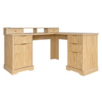 Pnronnc 59" Fluted L-Shaped Wood Office Desk Computer Desk with Storage and Charging Station