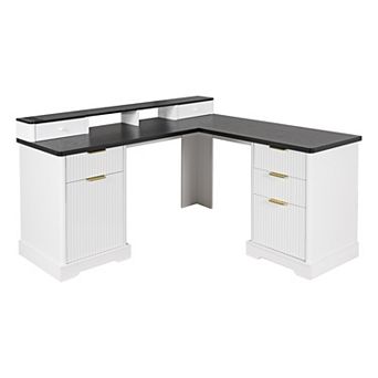 Pnronnc 59" Fluted L-Shaped Wood Office Desk Computer Desk with Storage and Charging Station