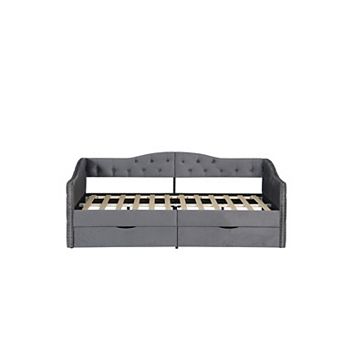 Pnronnc Full Velvet Tufted Upholstered Daybed with 2 Drawers & USB Charging Riveted Decorative Arms