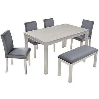 Pnronnc 6 pc Wooden Kitchen Dining Table Set with Bench and 4 Upholstered Chairs