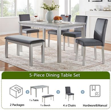 Pnronnc 6-Piece Wooden Kitchen Dining Table Set with Bench and 4 Upholstered Chairs