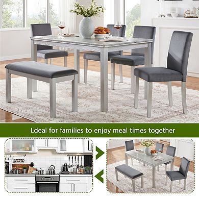 Pnronnc 6-Piece Wooden Kitchen Dining Table Set with Bench and 4 Upholstered Chairs
