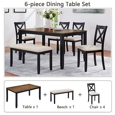 Pnronnc 6-Piece Wooden Dining Table Set, Kitchen Dining Set with Bench and 4 Chairs for 6 People
