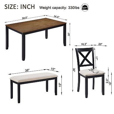 Pnronnc 6-Piece Wooden Dining Table Set, Kitchen Dining Set with Bench and 4 Chairs for 6 People