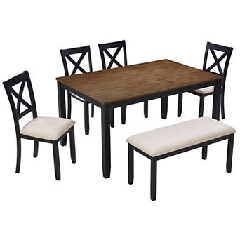 Pnronnc 6 pc Wooden Dining Table Set, Kitchen Dining Set with Bench and 4 Chairs for 6 People
