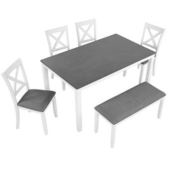 Pnronnc 6 pc Wooden Dining Table Set, Kitchen Dining Set with Bench and 4 Chairs for 6 People