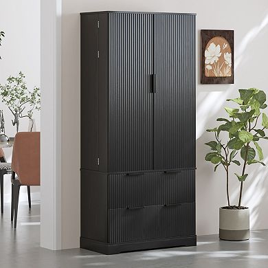 Pnronnc 72" Freestanding Locker Fluted Kitchen Pantry Cabinet with Drawers and Door Racks