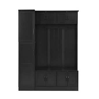 Pnronnc Multifunctional Hall Tree with Spacious Bench, Storage Cabinets, Hooks & Adjustable Shelves