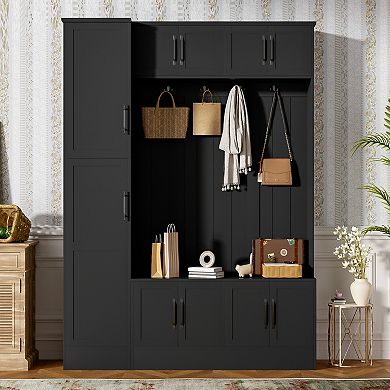 Pnronnc Multifunctional Hall Tree with Spacious Bench, Storage Cabinets, Hooks & Adjustable Shelves