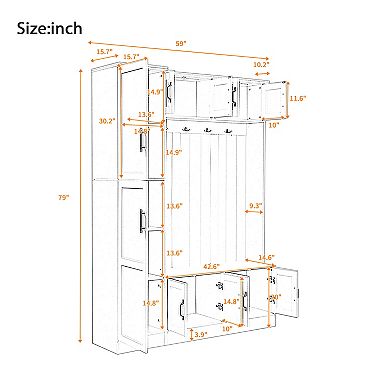 Pnronnc Multifunctional Hall Tree with Spacious Bench, Storage Cabinets, Hooks & Adjustable Shelves