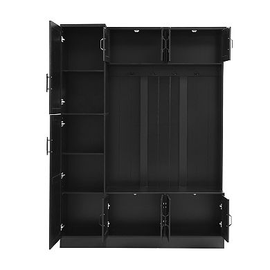 Pnronnc Multifunctional Hall Tree with Spacious Bench, Storage Cabinets, Hooks & Adjustable Shelves