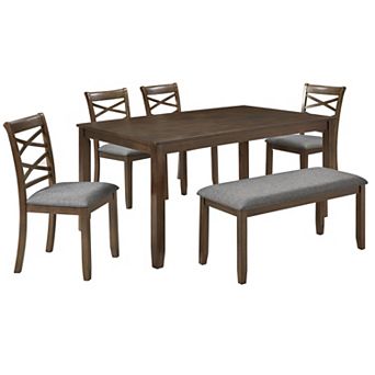 Pnronnc 6 pc Dining Set, Modern Wooden Dining Table Set with Bench and 4 Chairs