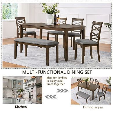 Pnronnc 6-Piece Dining Set, Modern Wooden Dining Table Set with Bench and 4 Chairs