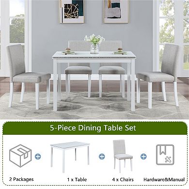 Pnronnc 5 Piece Wooden Dining Table Set, Kitchen Table Set with 4 Upholstered Chairs