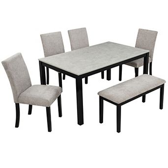 Pnronnc 6 pc Dining Set, Solid Wood Kitchen Table with Bench and 4 Upholstered Chairs