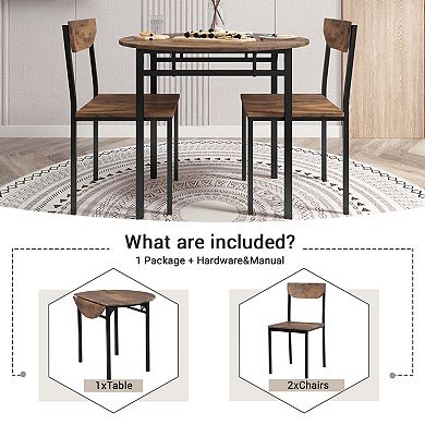 Pnronnc 3-Piece Dining Table Set, Round Drop Leaf Kitchen Table Set with 2 Chairs