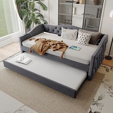 Pnronnc Twin Upholstered Daybed Velvet Tufted Sofa Bed Frame with Trundle, Charging Station, Gray