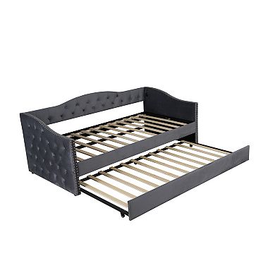 Pnronnc Twin Upholstered Daybed Velvet Tufted Sofa Bed Frame with Trundle, Charging Station, Gray