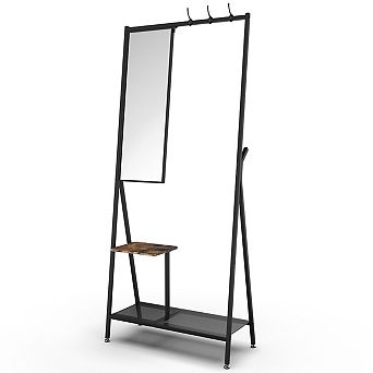Pnronnc Hall Tree Metal Coat Rack with Mirror, Shoe Storage and Hooks, for Entryway Living Room